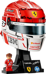 LEGO Editions Scuderia Ferrari HP Charles Leclerc Helmet 43014 showing the red and white racing helmet on a black display stand with Charles Leclerc minifigure and signature plaque.