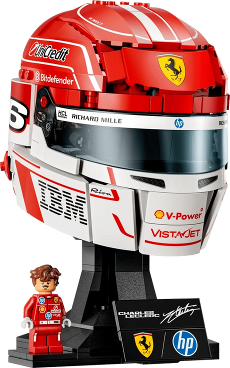 LEGO Editions Scuderia Ferrari HP Charles Leclerc Helmet 43014 showing the red and white racing helmet on a black display stand with Charles Leclerc minifigure and signature plaque.