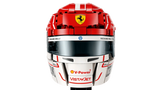 Front close-up of LEGO Scuderia Ferrari HP Charles Leclerc Helmet 43014 showing the red Ferrari helmet, Prancing Horse badge, dark visor, white chin section and V-Power branding.