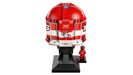 Rear view of LEGO Charles Leclerc Ferrari Helmet 43014 showing the red helmet design, white stripes, HP logo, CL16 markings and Charles Leclerc minifigure.