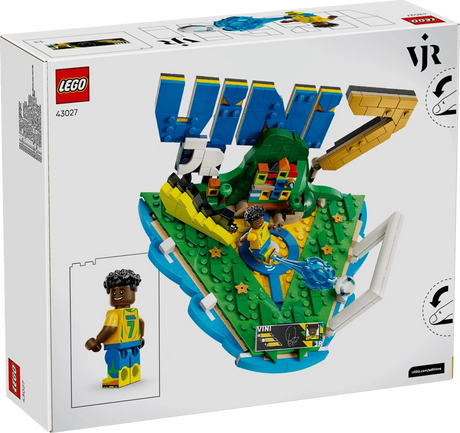 Back of LEGO Editions Vini Jr. Football Highlights 43027 packaging showing an overhead view of the completed football display, Vini Jr. minifigure, number 7 and football accessories.