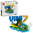 LEGO Editions Vini Jr. Football Highlights 43027 retail box displayed beside the completed model featuring blue VINI lettering, yellow number 7, Brazilian colours, football and Vini Jr. minifigure.