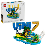 LEGO Editions Vini Jr. Football Highlights 43027 retail box displayed beside the completed model featuring blue VINI lettering, yellow number 7, Brazilian colours, football and Vini Jr. minifigure.
