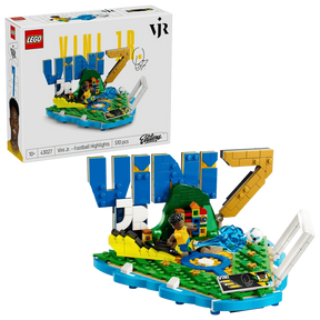 LEGO Editions Vini Jr. Football Highlights 43027 retail box displayed beside the completed model featuring blue VINI lettering, yellow number 7, Brazilian colours, football and Vini Jr. minifigure.