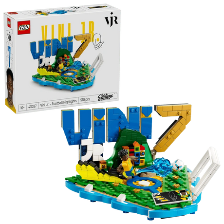 LEGO Editions Vini Jr. Football Highlights 43027 retail box displayed beside the completed model featuring blue VINI lettering, yellow number 7, Brazilian colours, football and Vini Jr. minifigure.