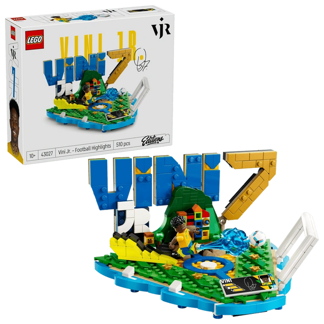 LEGO Editions Vini Jr. Football Highlights 43027 retail box displayed beside the completed model featuring blue VINI lettering, yellow number 7, Brazilian colours, football and Vini Jr. minifigure.