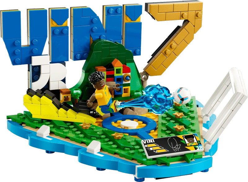 LEGO Editions Vini Jr. Football Highlights 43027 showing the colourful football display with blue VINI lettering, yellow number 7, Brazilian colours, Vini Jr. minifigure, football and signature plaque.