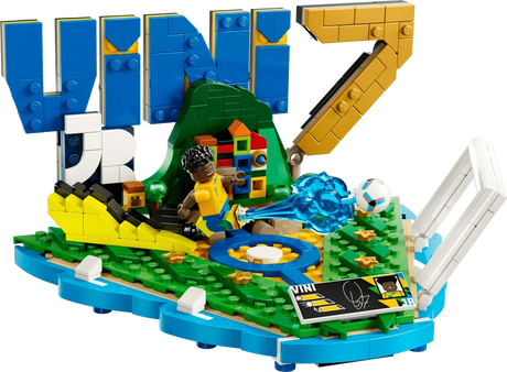 LEGO Editions Vini Jr. Football Highlights 43027 showing the colourful football display with blue VINI lettering, yellow number 7, Brazilian colours, Vini Jr. minifigure, football and signature plaque.
