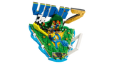 Overhead view of LEGO Editions Vini Jr. Football Highlights 43027 showing the green football display, blue VINI lettering, yellow number 7, Vini Jr. minifigure, football and signature plaque.