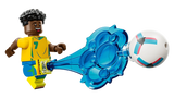 LEGO Editions Vini Jr. Football Highlights 43027 showing the Vini Jr. minifigure in a yellow football shirt and blue shorts beside a white football with a transparent blue kicking effect.