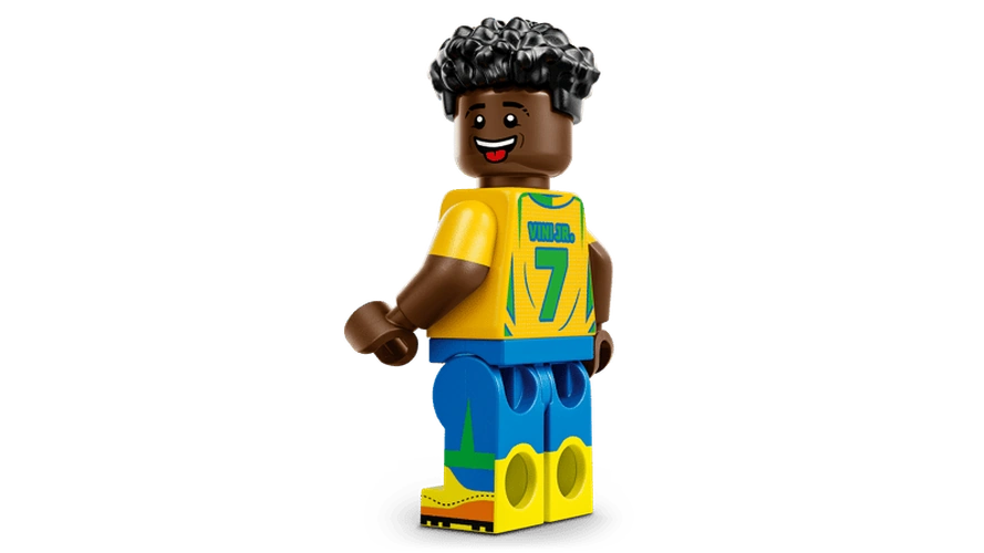 LEGO Editions Vini Jr. Football Highlights 43027 minifigure wearing a yellow Brazil football shirt with VINI JR and number 7 on the back, blue shorts and yellow boots.