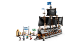 LEGO ONE PIECE Garp's Marine Battleship 75646 showing the complete warship with black sails, open boarding ramp, Marine Victory Day market scene and minifigures arranged around the ship.