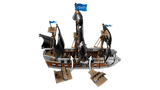 LEGO ONE PIECE Garp's Marine Battleship 75646 viewed from above, showing the black sails and two removable deck sections with arrows indicating how they attach to the ship.