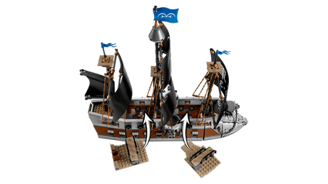 LEGO ONE PIECE Garp's Marine Battleship 75646 viewed from above, showing the black sails and two removable deck sections with arrows indicating how they attach to the ship.