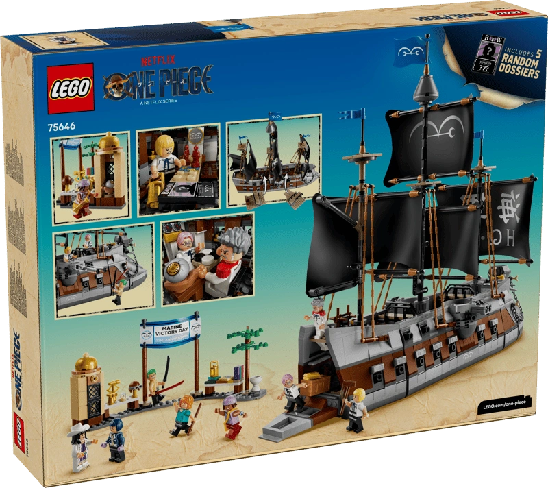 Back of LEGO ONE PIECE Garp's Marine Battleship 75646 packaging showing the completed warship, market scene, interior rooms, minifigure activities and five collectible Secret Dossiers.