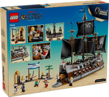 Back of LEGO ONE PIECE Garp's Marine Battleship 75646 packaging showing the completed warship, market scene, interior rooms, minifigure activities and five collectible Secret Dossiers.