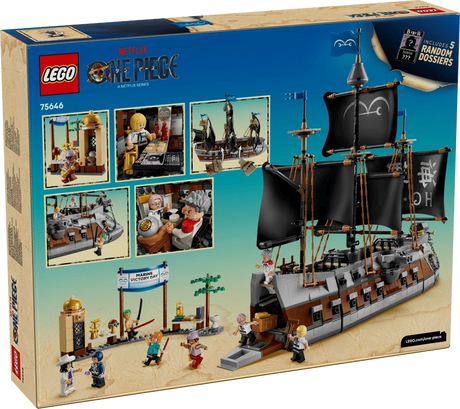 Back of LEGO ONE PIECE Garp's Marine Battleship 75646 packaging showing the completed warship, market scene, interior rooms, minifigure activities and five collectible Secret Dossiers.