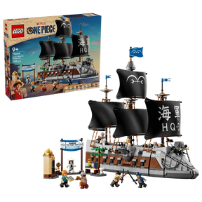 LEGO ONE PIECE Garp's Marine Battleship 75646 retail box displayed beside the completed warship with black sails, grey dog figurehead, Marine Victory Day market scene and minifigures.