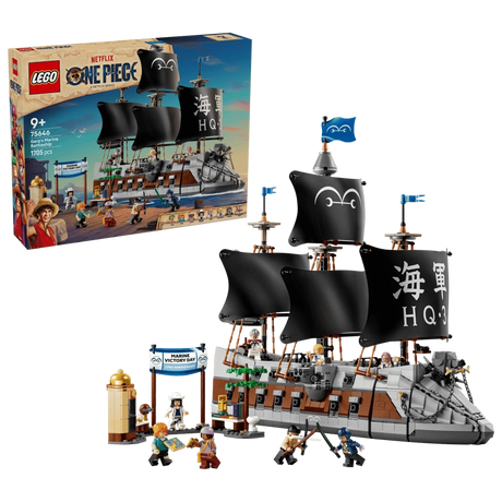 LEGO ONE PIECE Garp's Marine Battleship 75646 retail box displayed beside the completed warship with black sails, grey dog figurehead, Marine Victory Day market scene and minifigures.