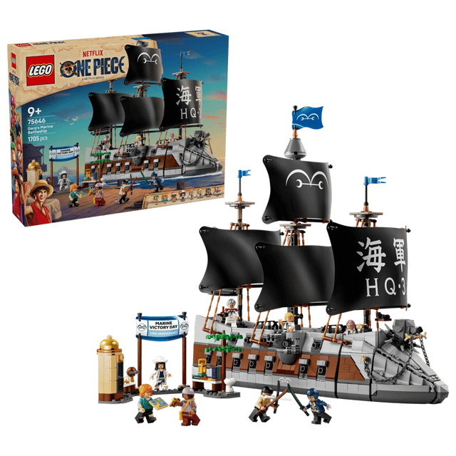 LEGO ONE PIECE Garp's Marine Battleship 75646 retail box displayed beside the completed warship with black sails, grey dog figurehead, Marine Victory Day market scene and minifigures.