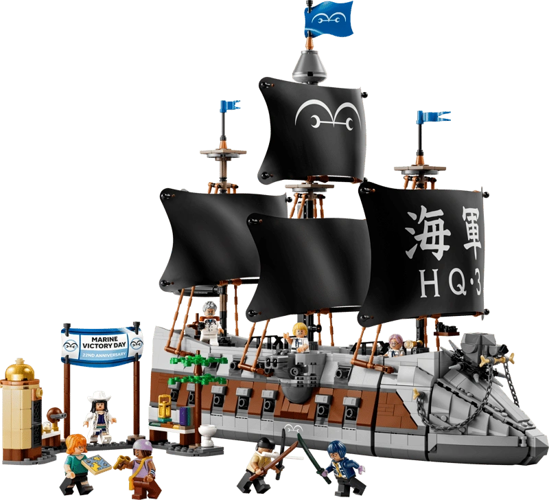 LEGO ONE PIECE Garp's Marine Battleship 75646 showing the grey and brown warship with black Marine sails, blue flags, dog figurehead, eight minifigures and Marine Victory Day market scene.