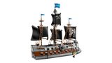 Side view of LEGO ONE PIECE Garp's Marine Battleship 75646 showing three masts with black sails, grey and brown hull, blue Marine flags, rigging and minifigures aboard the ship.