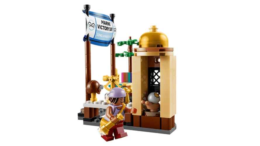 LEGO ONE PIECE Garp's Marine Battleship 75646 market scene featuring a Marine Victory Day anniversary banner, tan market booth, small tree and Usopp minifigure carrying a golden accessory.