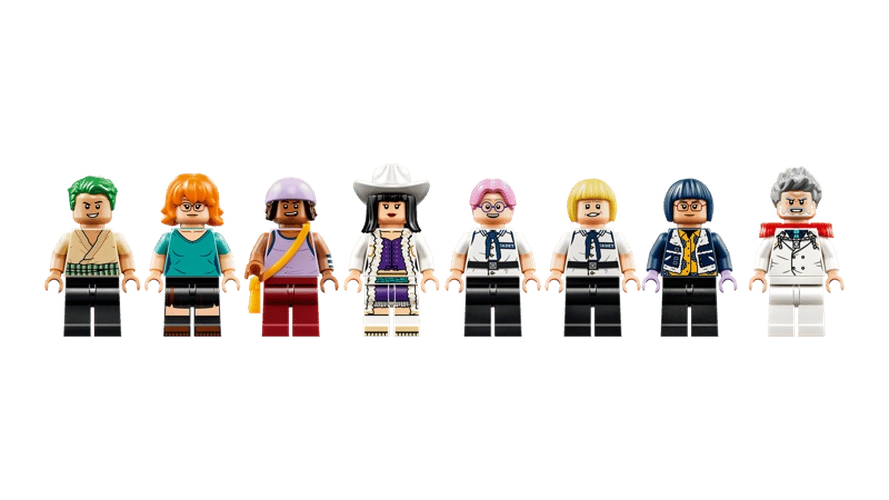 Eight LEGO ONE PIECE minifigures from Garp's Marine Battleship 75646, including Zoro, Nami, Usopp, Miss All Sunday, Koby, Helmeppo, Tashigi and Vice Admiral Garp.