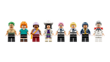 Eight LEGO ONE PIECE minifigures from Garp's Marine Battleship 75646, including Zoro, Nami, Usopp, Miss All Sunday, Koby, Helmeppo, Tashigi and Vice Admiral Garp.
