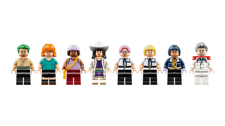 Eight LEGO ONE PIECE minifigures from Garp's Marine Battleship 75646, including Zoro, Nami, Usopp, Miss All Sunday, Koby, Helmeppo, Tashigi and Vice Admiral Garp.