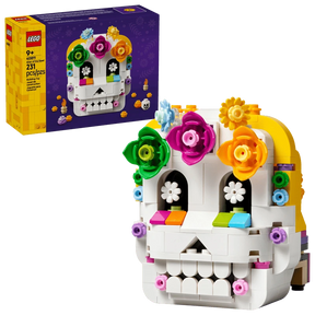 LEGO Altar of the Dead 40811 box beside the completed skull side of the model