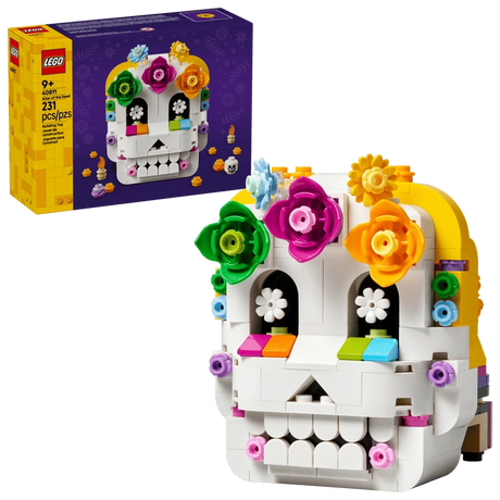 LEGO Altar of the Dead 40811 box beside the completed skull side of the model