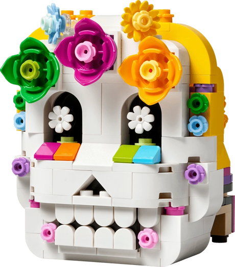 Skull side of the LEGO Altar of the Dead 40811 model decorated with colourful flowers