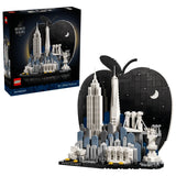 LEGO Architecture New York City The Big Apple retail box beside the completed black, white, blue and grey skyline model