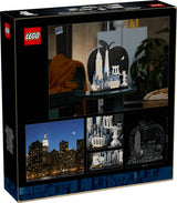 Back of the LEGO Architecture New York City The Big Apple box showing the completed model on display, New York skyline photography and close views of the landmarks