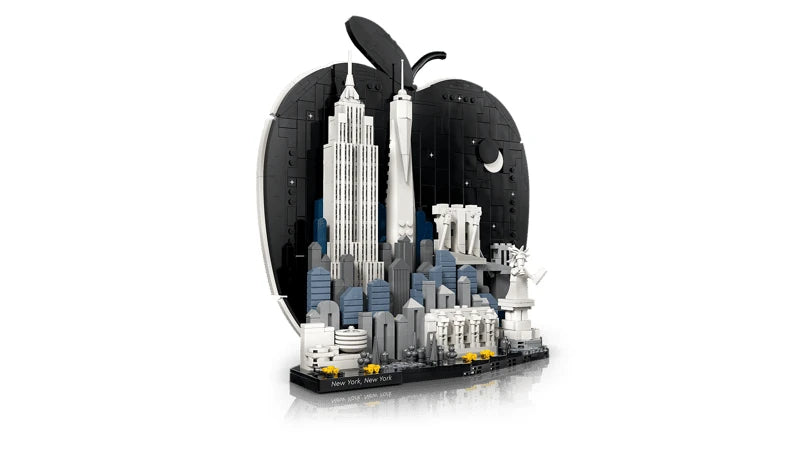 Complete LEGO Architecture New York City The Big Apple model with black apple shaped backdrop, Empire State Building, One World Trade Center, Brooklyn Bridge, Statue of Liberty and city skyline