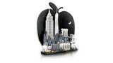Complete LEGO Architecture New York City The Big Apple model with black apple shaped backdrop, Empire State Building, One World Trade Center, Brooklyn Bridge, Statue of Liberty and city skyline