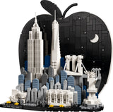 Close front view of the LEGO Architecture New York City model showing the Empire State Building, One World Trade Center, Brooklyn Bridge, Statue of Liberty, Guggenheim Museum and Metropolitan Museum of Art