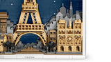 Close view of the lower Eiffel Tower and Notre-Dame de Paris against the dark blue skyline in the LEGO Architecture model