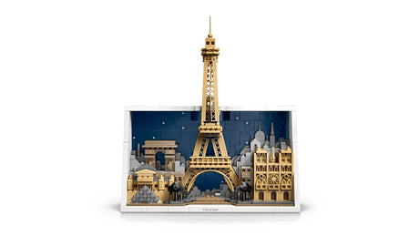 Front view of the LEGO Architecture Paris City of Love model with the Eiffel Tower, Louvre Pyramid, Arc de Triomphe and Notre-Dame de Paris