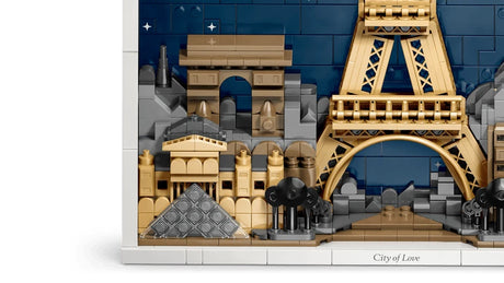 Close view of the Louvre Pyramid, Arc de Triomphe and lower section of the Eiffel Tower in the LEGO Architecture Paris City of Love model