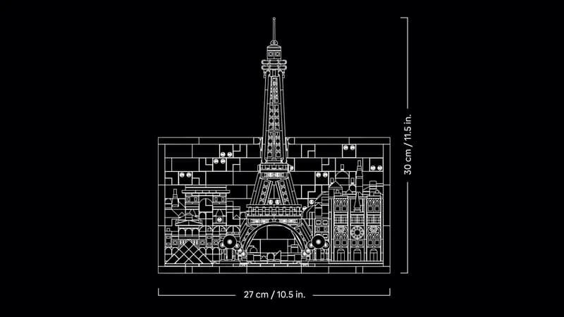 LEGO Architecture Paris City of Love model dimensions showing a height of 30 cm and width of 27 cm