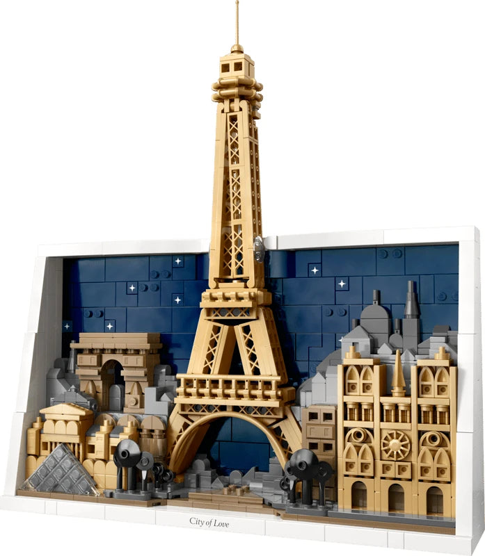 Three quarter view of the completed LEGO Architecture Paris City of Love model with the Eiffel Tower, Paris landmarks and white frame