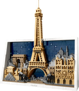Three quarter view of the completed LEGO Architecture Paris City of Love model with the Eiffel Tower, Paris landmarks and white frame