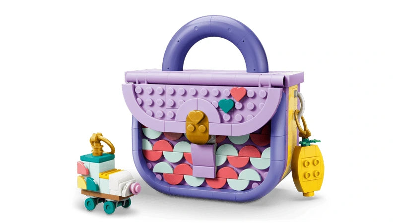 LEGO fashion bag build with patterned front, gold clasp and key chain accessories