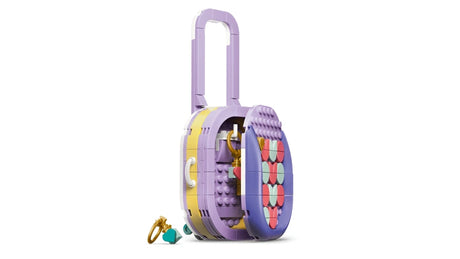 Side view of LEGO fashion bag build opened to show the inside storage space