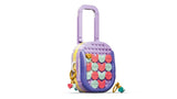 LEGO rolling suitcase build with purple handle, patterned front and key chain accessories