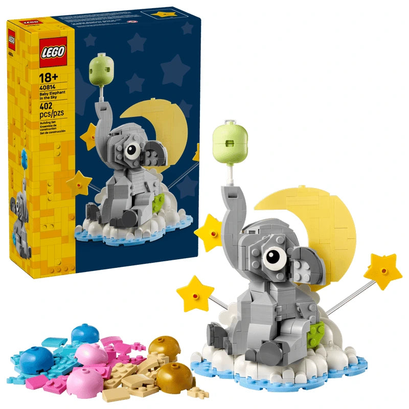 LEGO Baby Elephant in the Sky 40814 box with elephant, cloud base, stars and balloon accessories