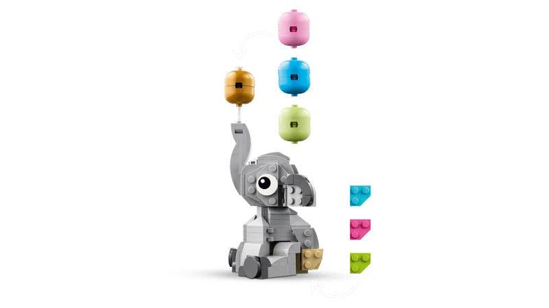 LEGO baby elephant build with balloon stack and blue, pink and green colour options