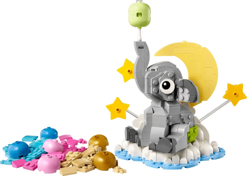 LEGO baby elephant build on cloud base with yellow moon, stars and balloon accessories